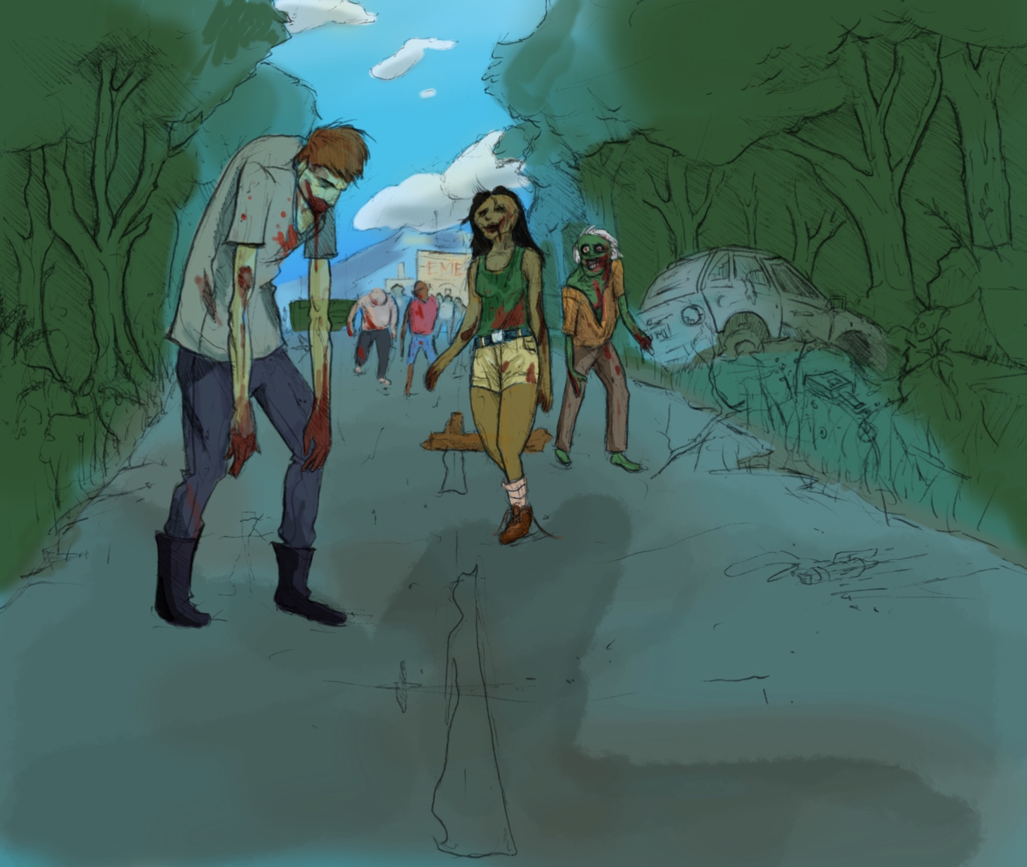 Zombies walking down a road concept art