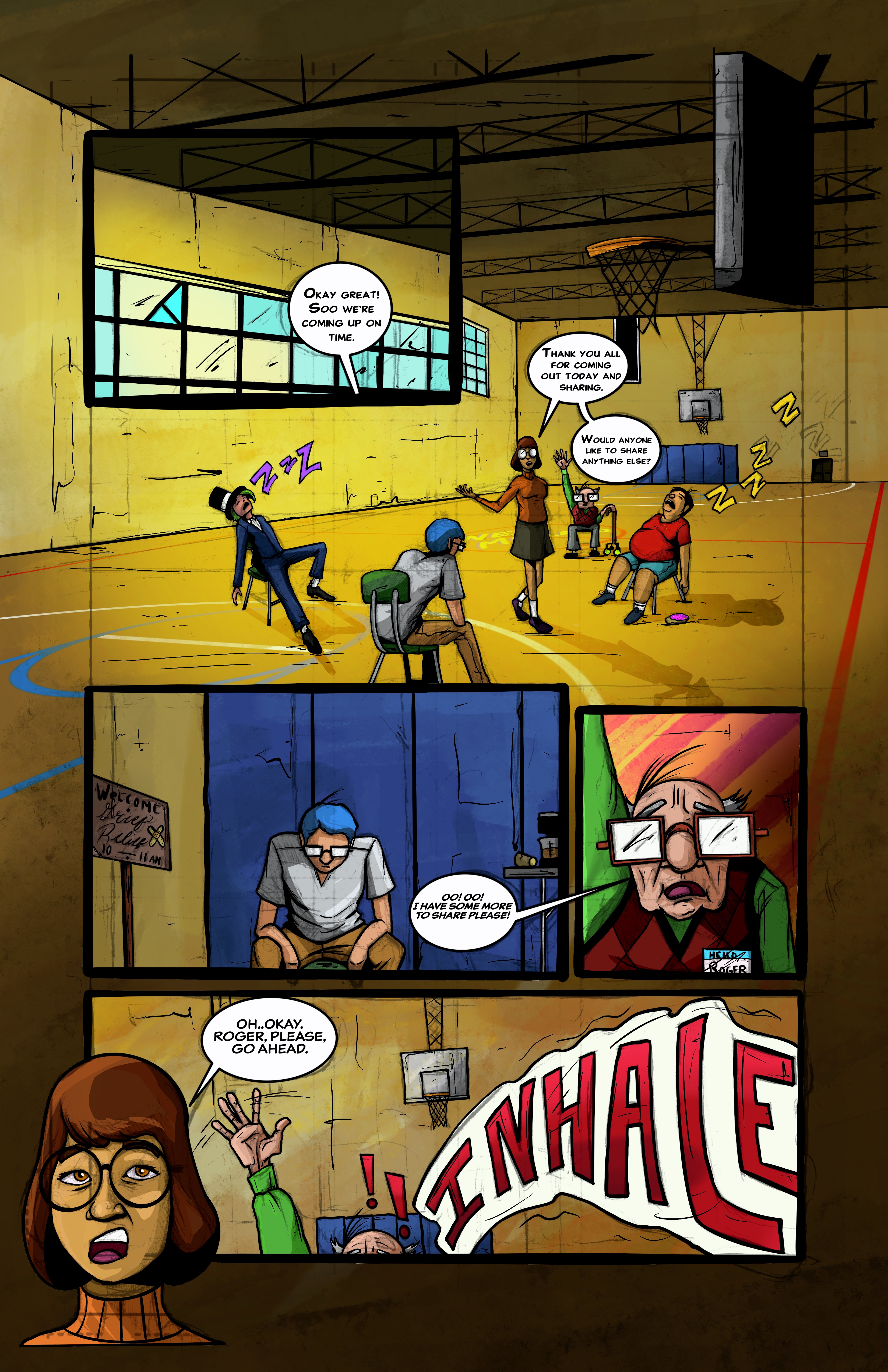Gym meeting comic page with INHALE text