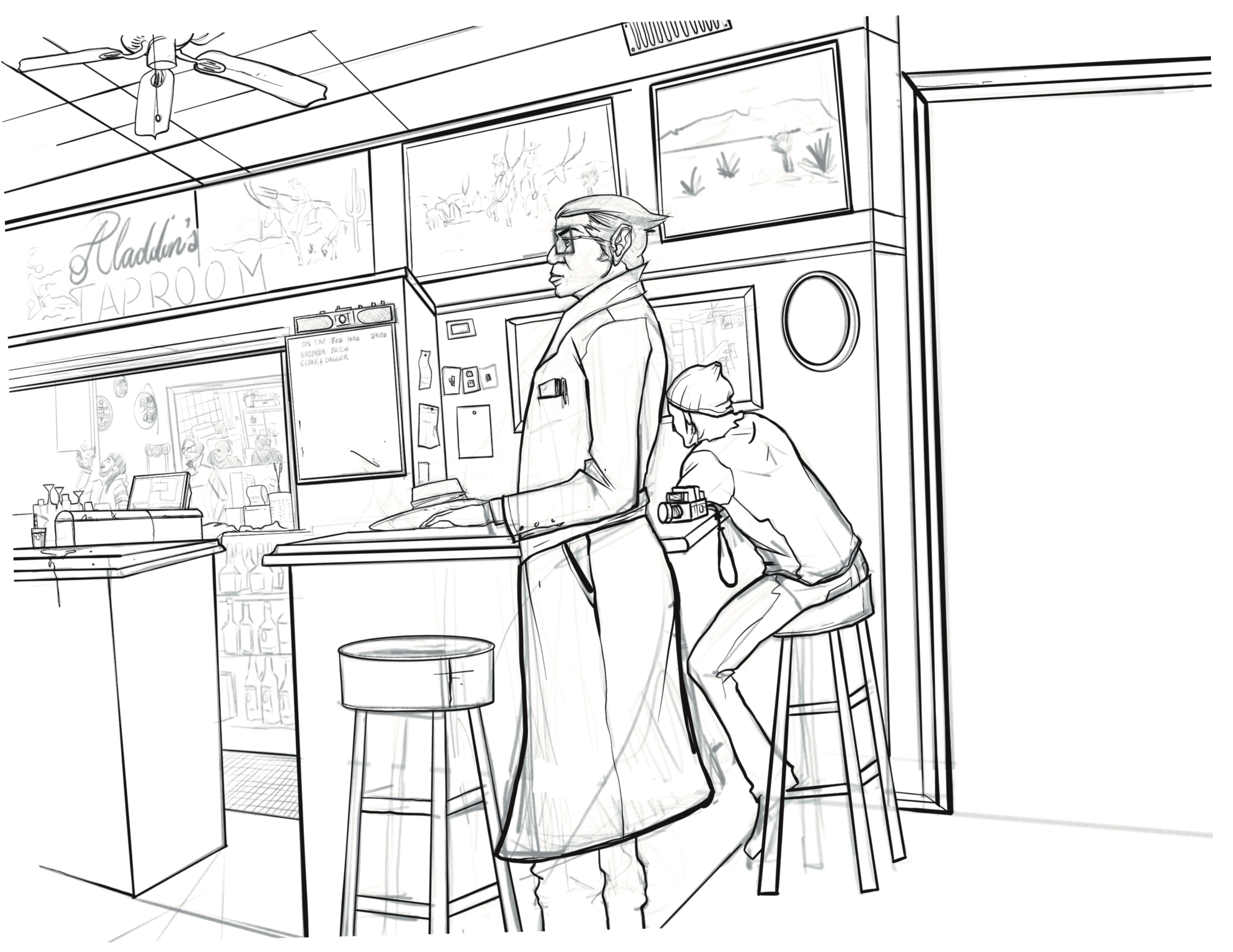 Bar interior line art scene