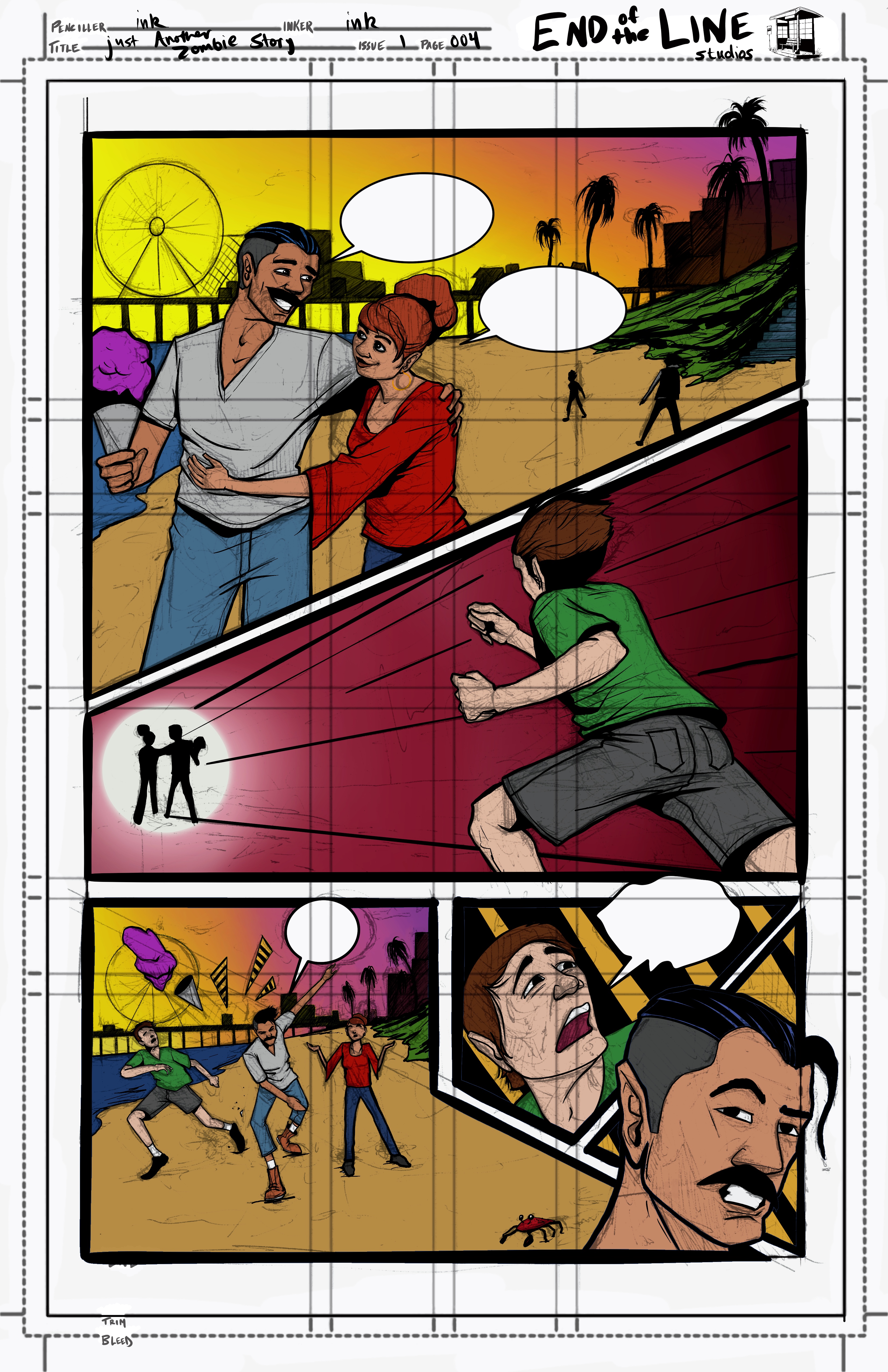 Comic page set on a beach boardwalk