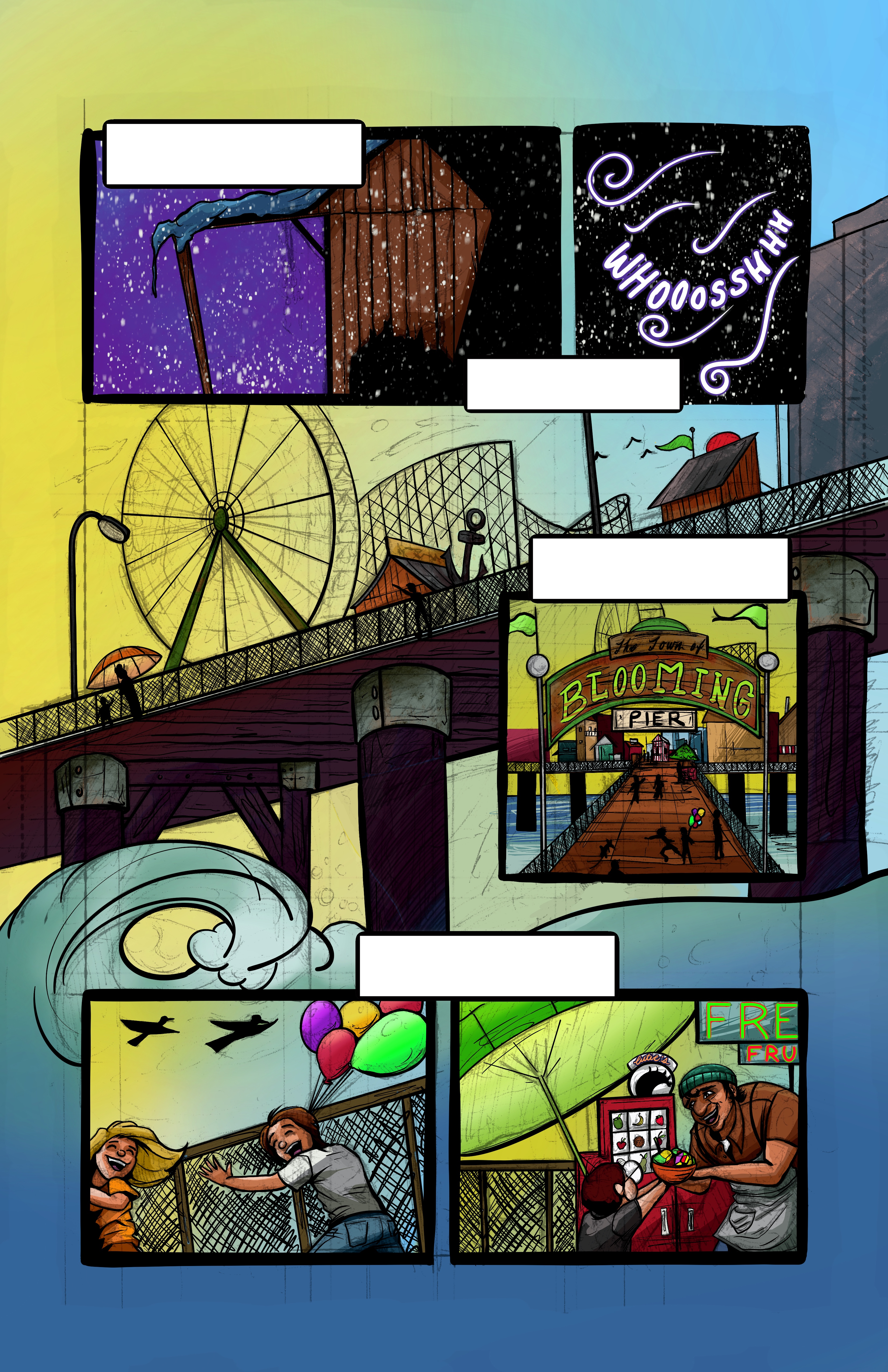 Colorful pier and ferris wheel comic page