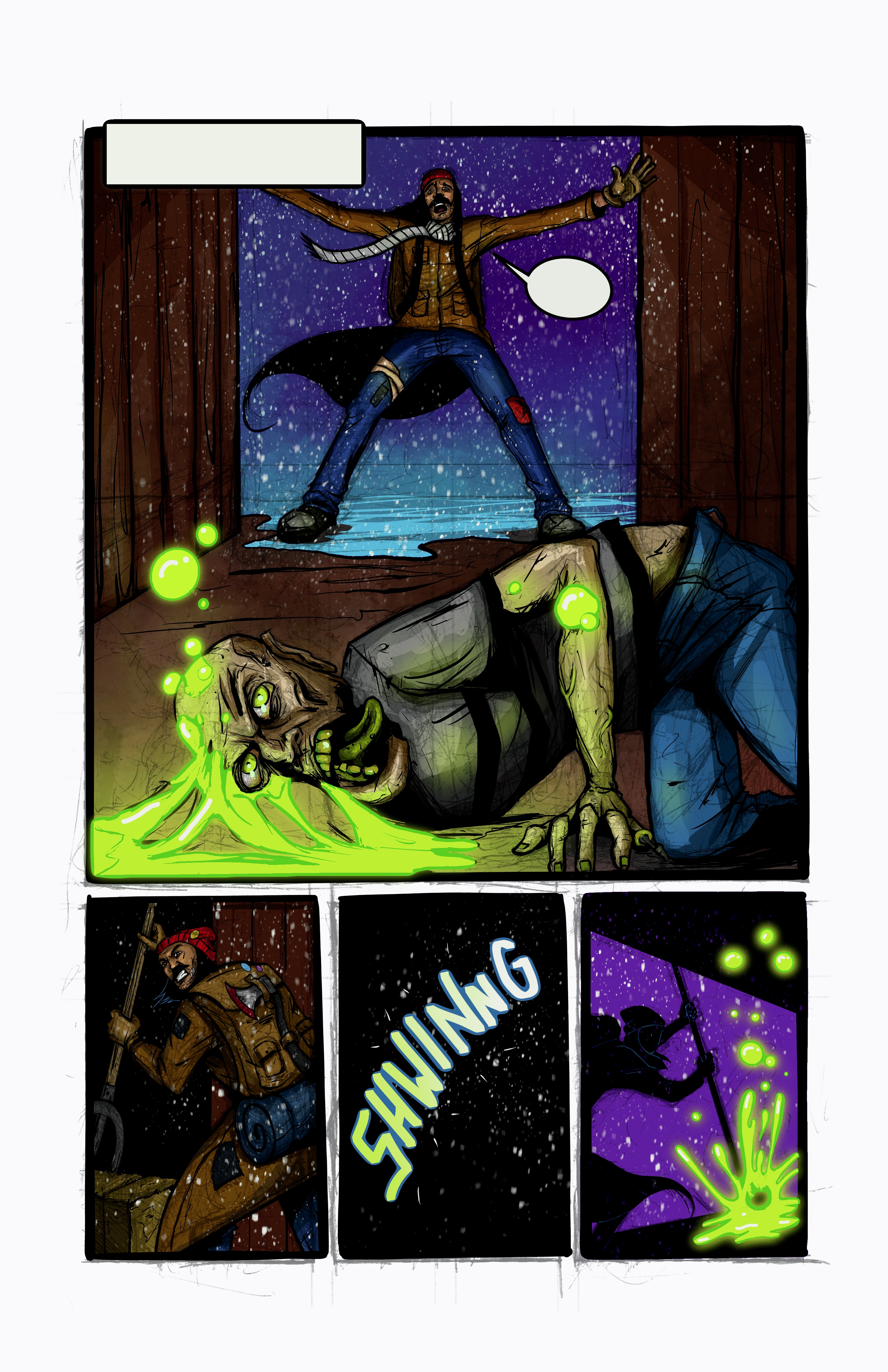 Zombie with glowing ooze in a cabin