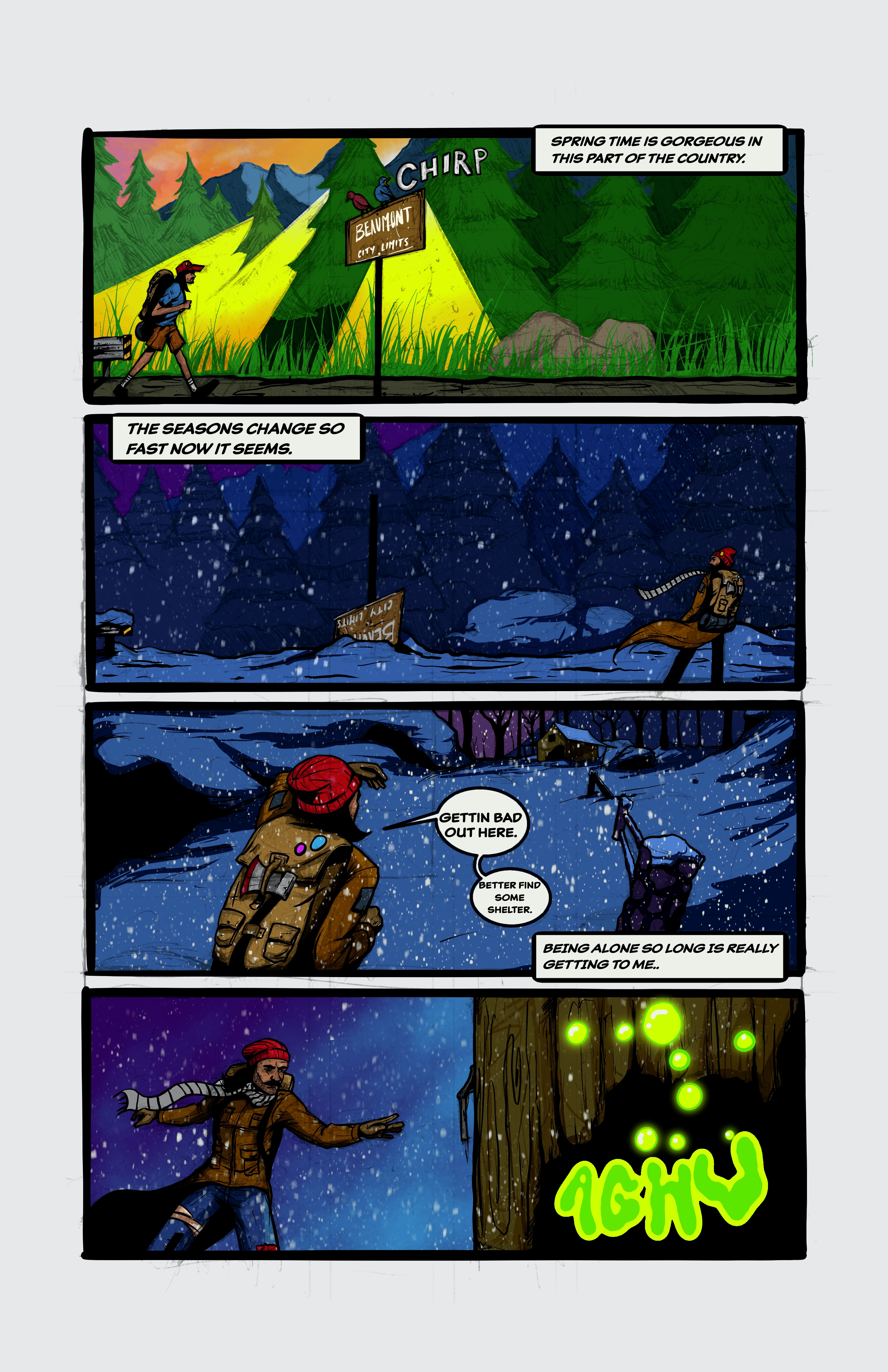 Hiker in changing seasons and snow