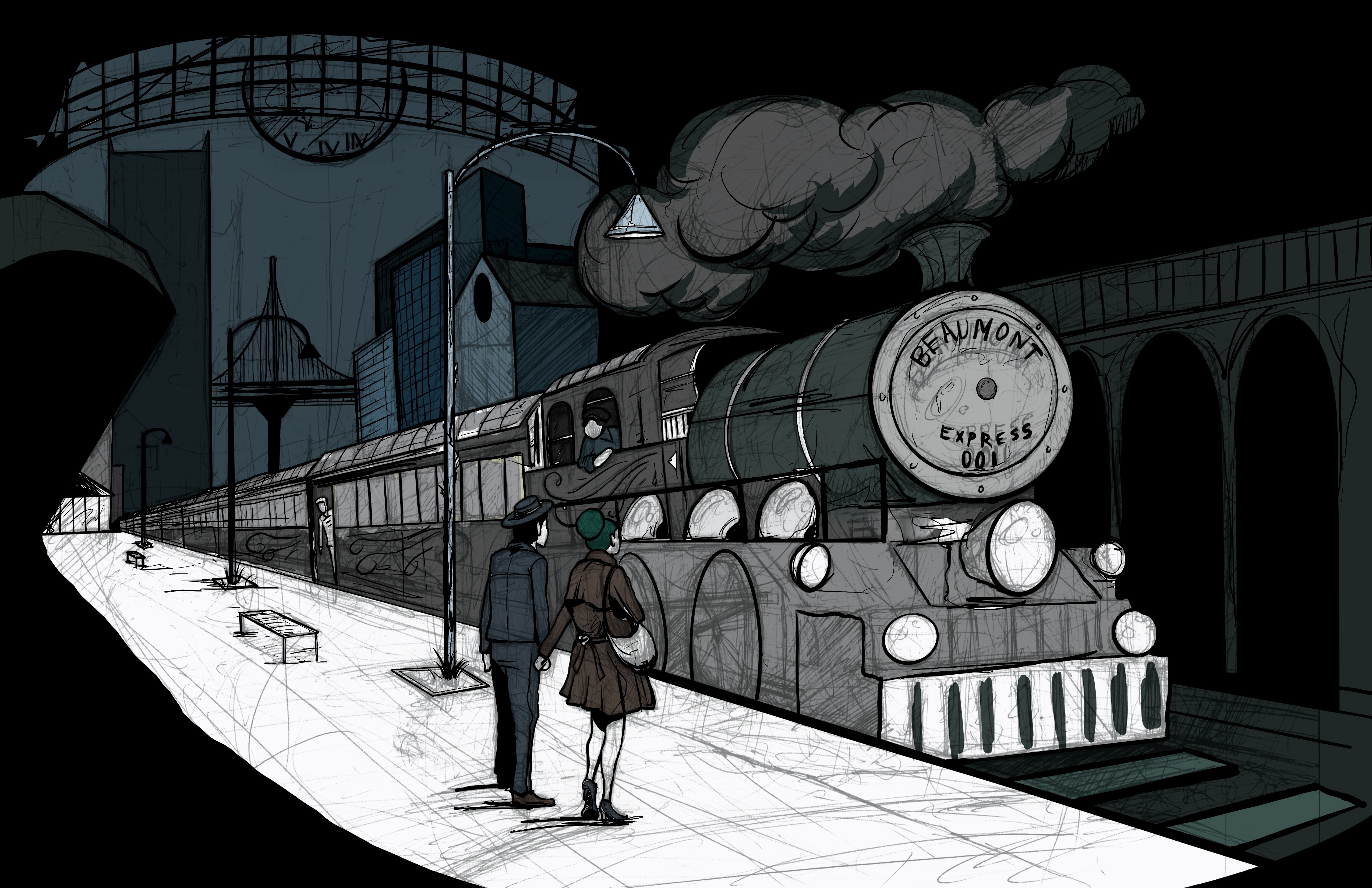 Train arriving at Beaumont station concept art